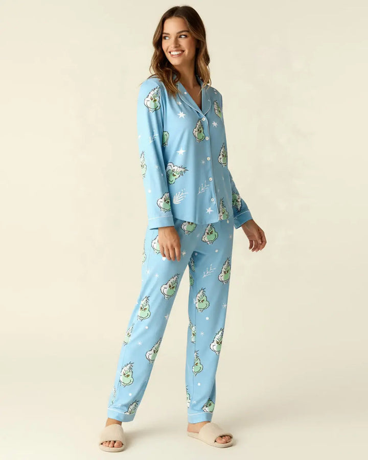 SOLACE CHICThe Grinch Print Silky Pajama Set
