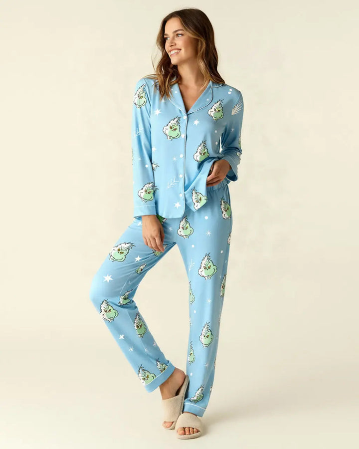 SOLACE CHICThe Grinch Print Silky Pajama Set