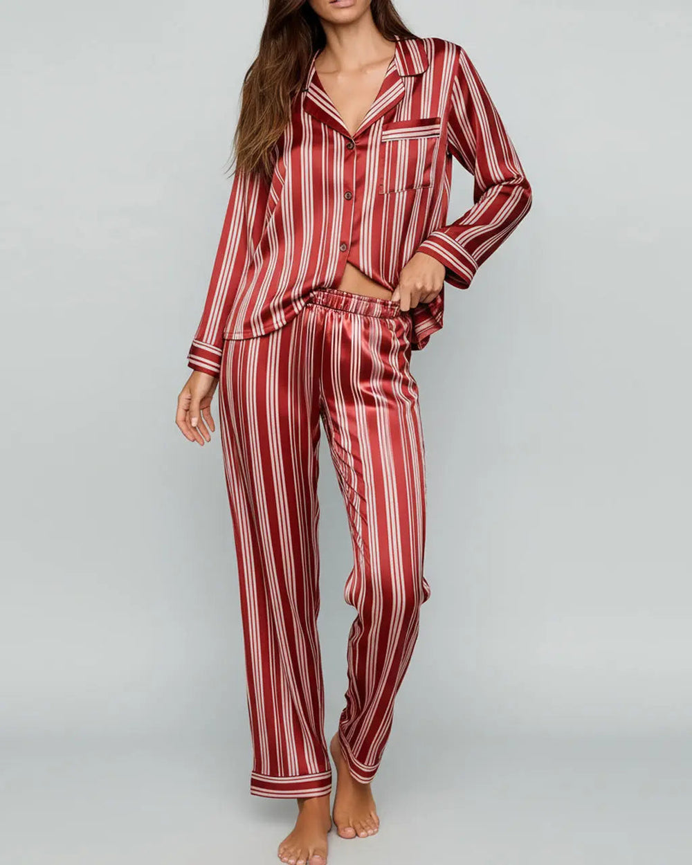 SOLACE CHICLong Sleeve Satin Three Stripes Pajama Set