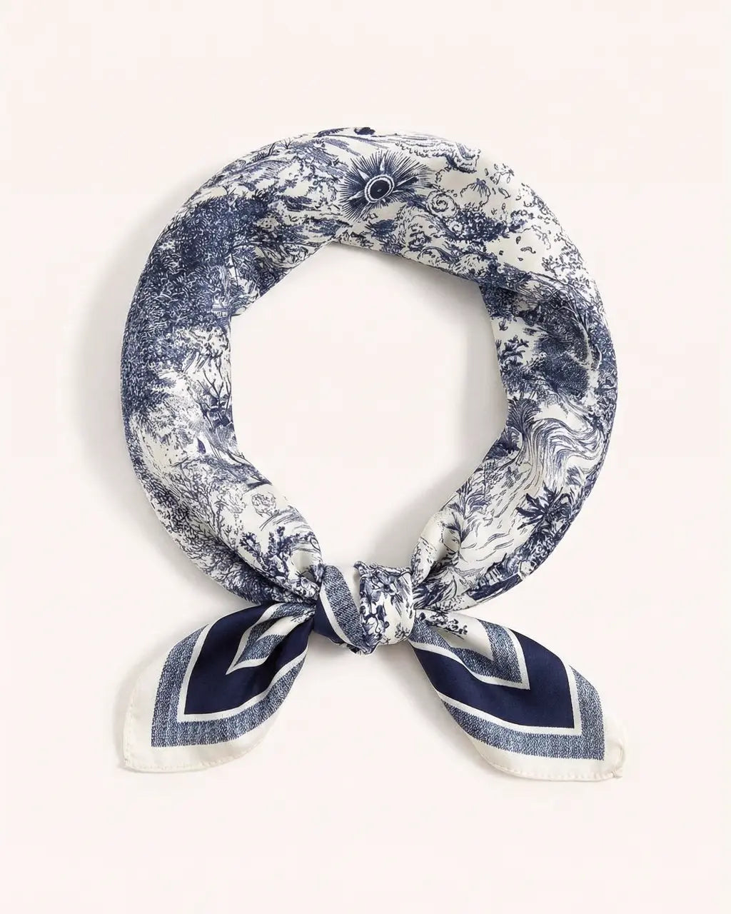 SOLACE  Navy Blue Toile De Jouy Landscape Print Square Scarf 