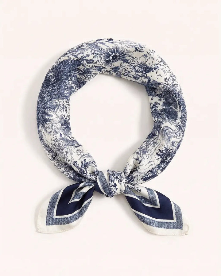 SOLACE  Navy Blue Toile De Jouy Landscape Print Square Scarf 