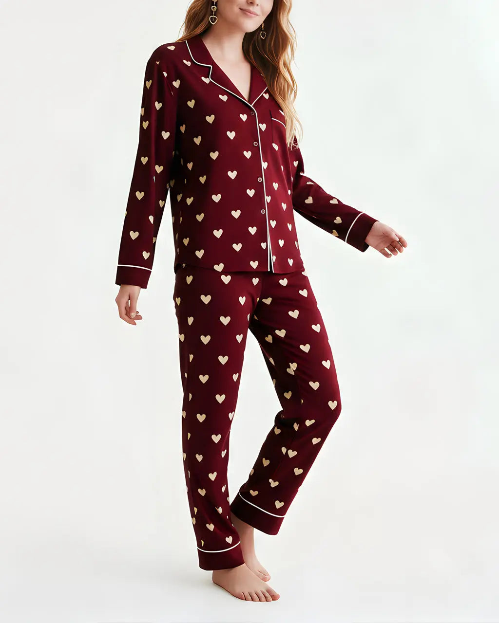 SOLACE CHICRed Soild Heart Print Pajama Set