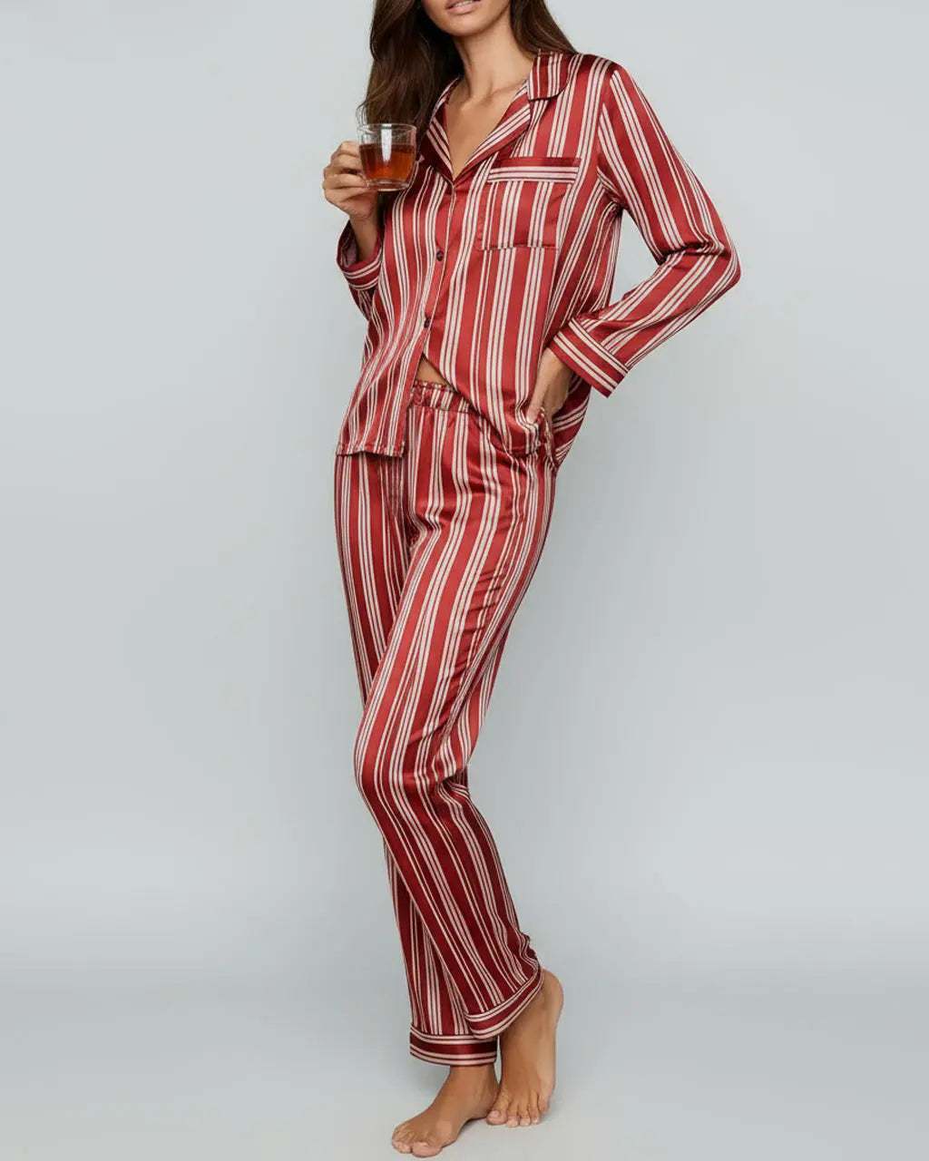 SOLACE CHICLong Sleeve Satin Three Stripes Pajama Set