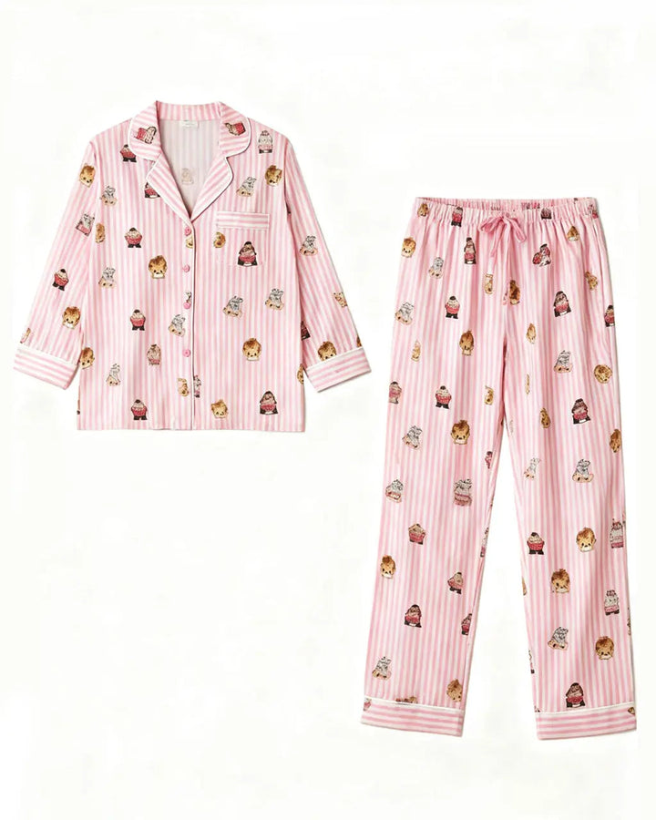 SOLACE CHICFine Stripe Abstract Cute Print Lapel Tie-waist Pajama Set