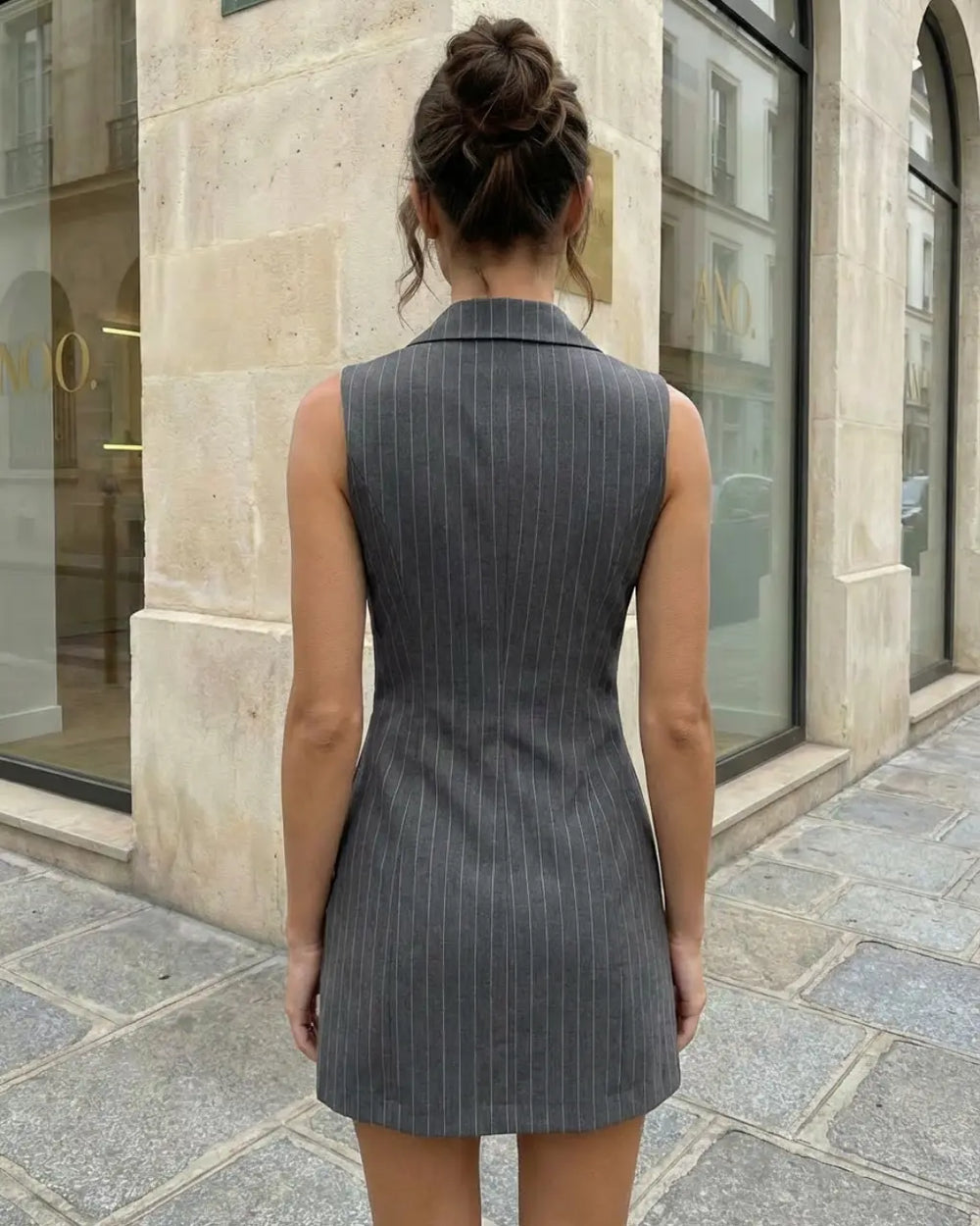 SOLACE  Grey Pinstripe Halter Double Breasted Blazer Mini Dress 