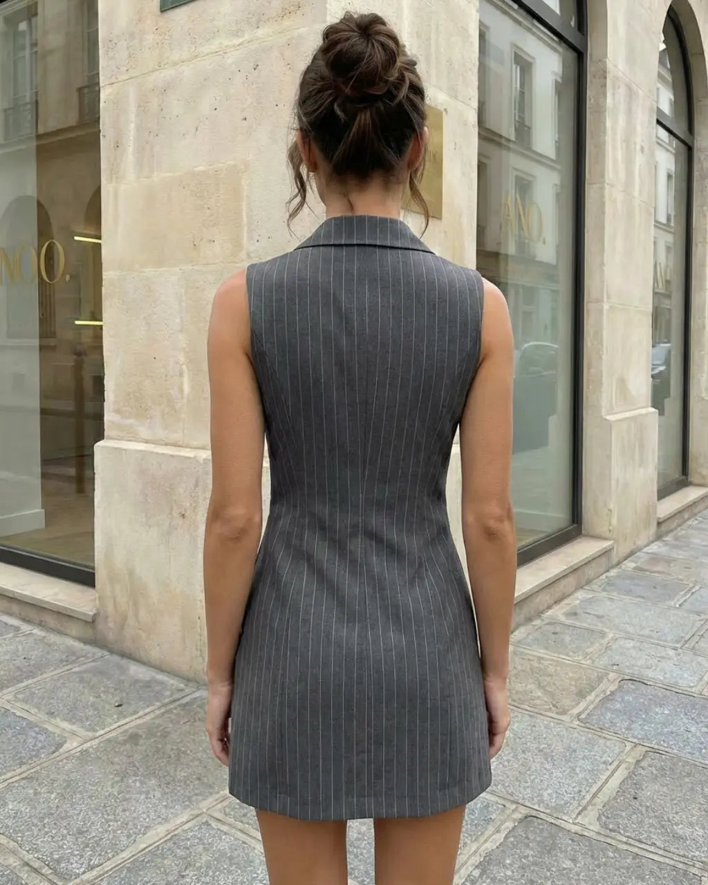 SOLACE  Grey Pinstripe Halter Double Breasted Blazer Mini Dress 