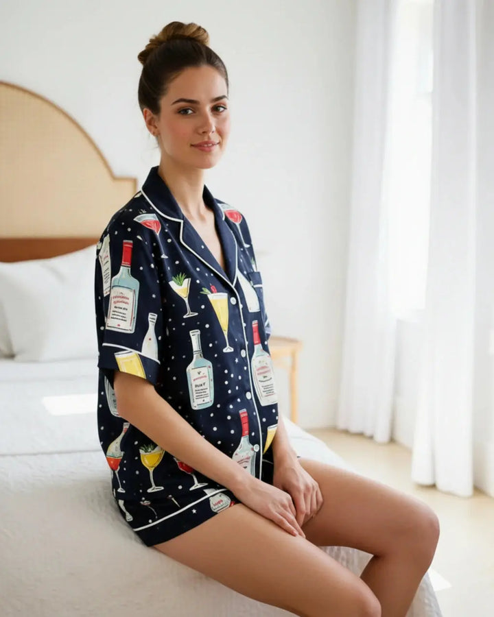 SOLACE CHICBlack Champagne Print Short Pajamas Set