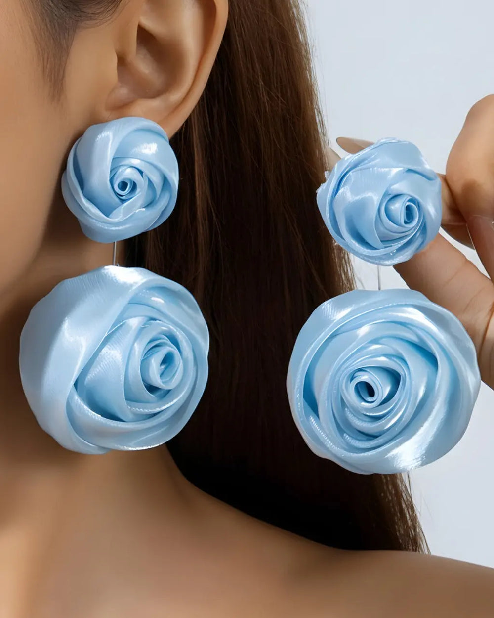 SOLACE  Light Blue Double Satin Rose Statement Drop Earrings 