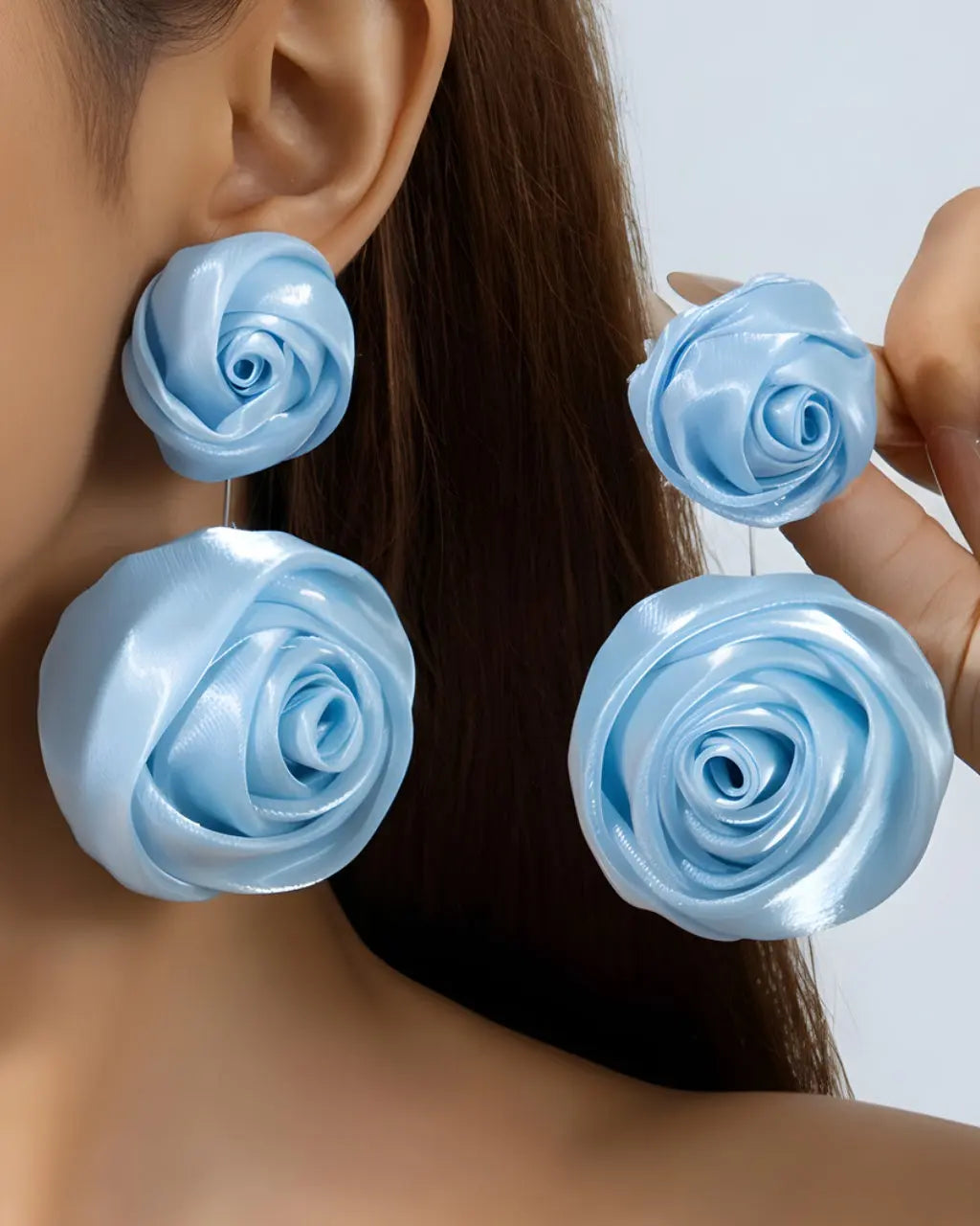 SOLACE  Light Blue Double Satin Rose Statement Drop Earrings 