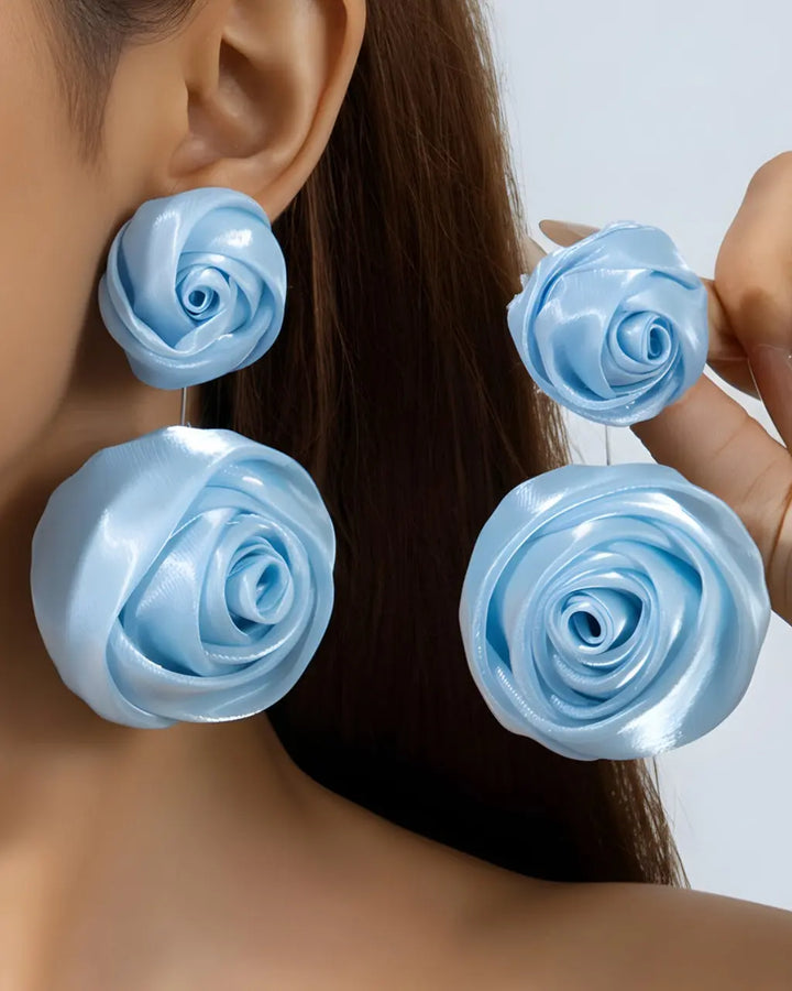 SOLACE  Light Blue Double Satin Rose Statement Drop Earrings 