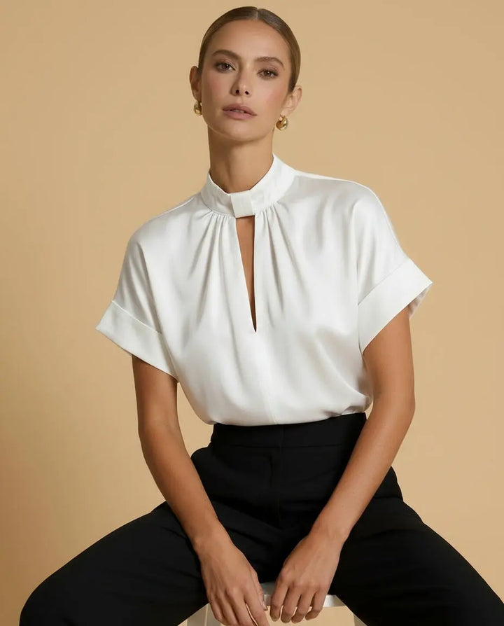 SOLACE  White Keyhole Mock Neck Short Sleeve Satin Blouse 