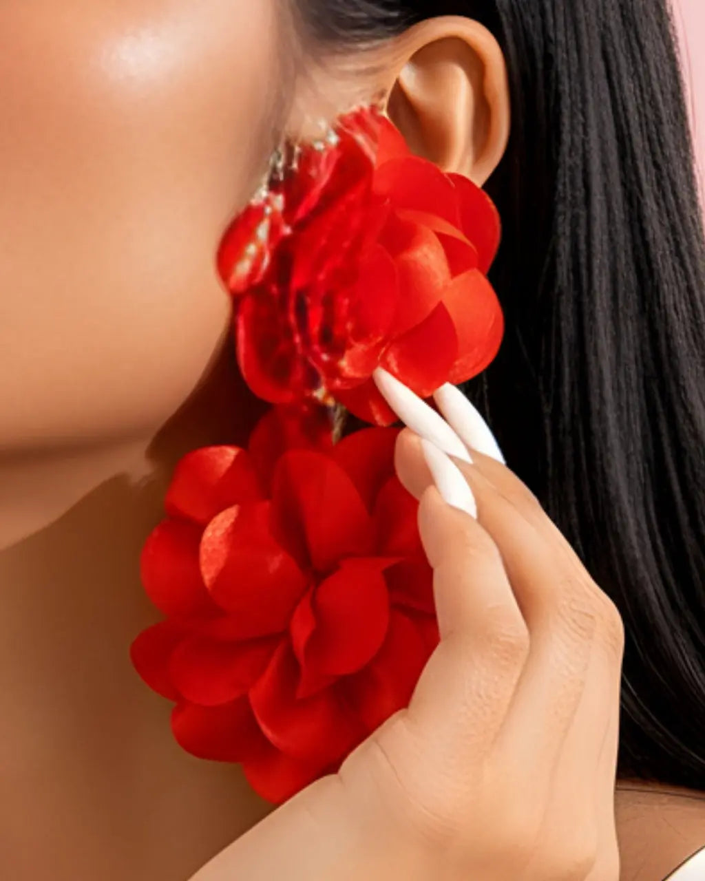 SOLACE  Red Double Rose Statement Drop Earrings 