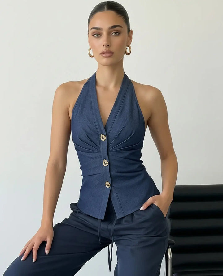 SOLACE  Dark Denim Halter Neck Peplum Blouse 