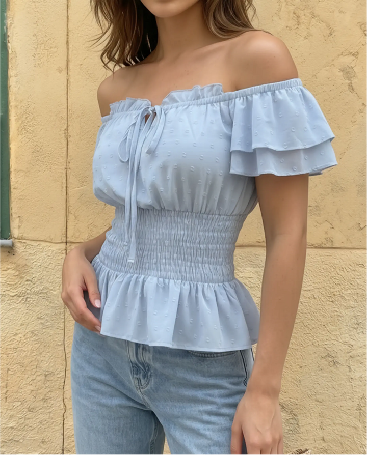 SOLACE  Light Blue Off Shoulder Ruffled Smocked Waist Peplum Blouse 