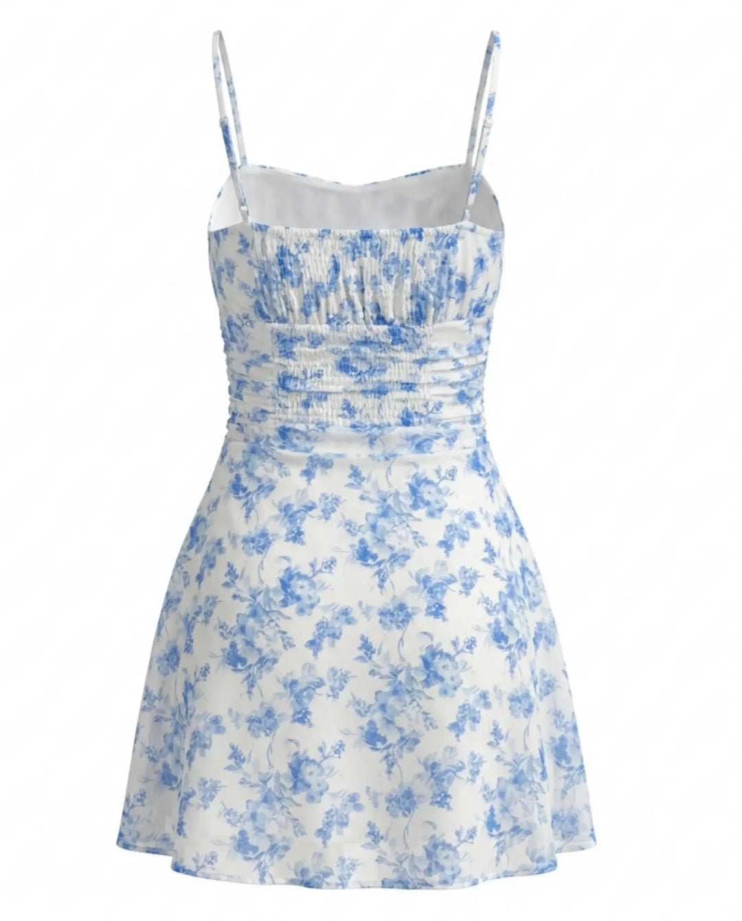Blue Floral Print Spaghetti Strap Ruched Mini Dress