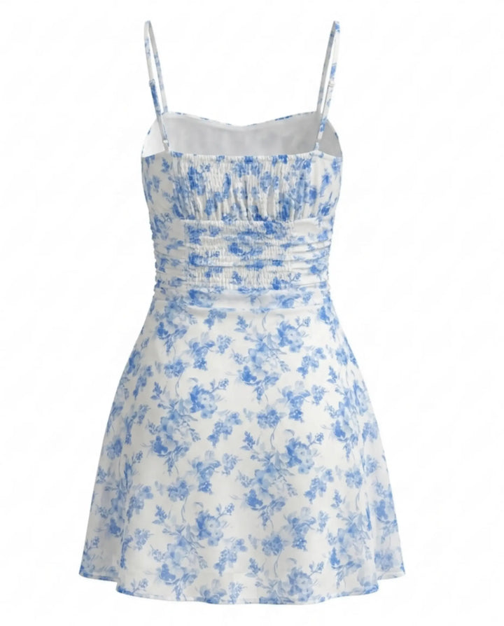 Blue Floral Print Spaghetti Strap Ruched Mini Dress