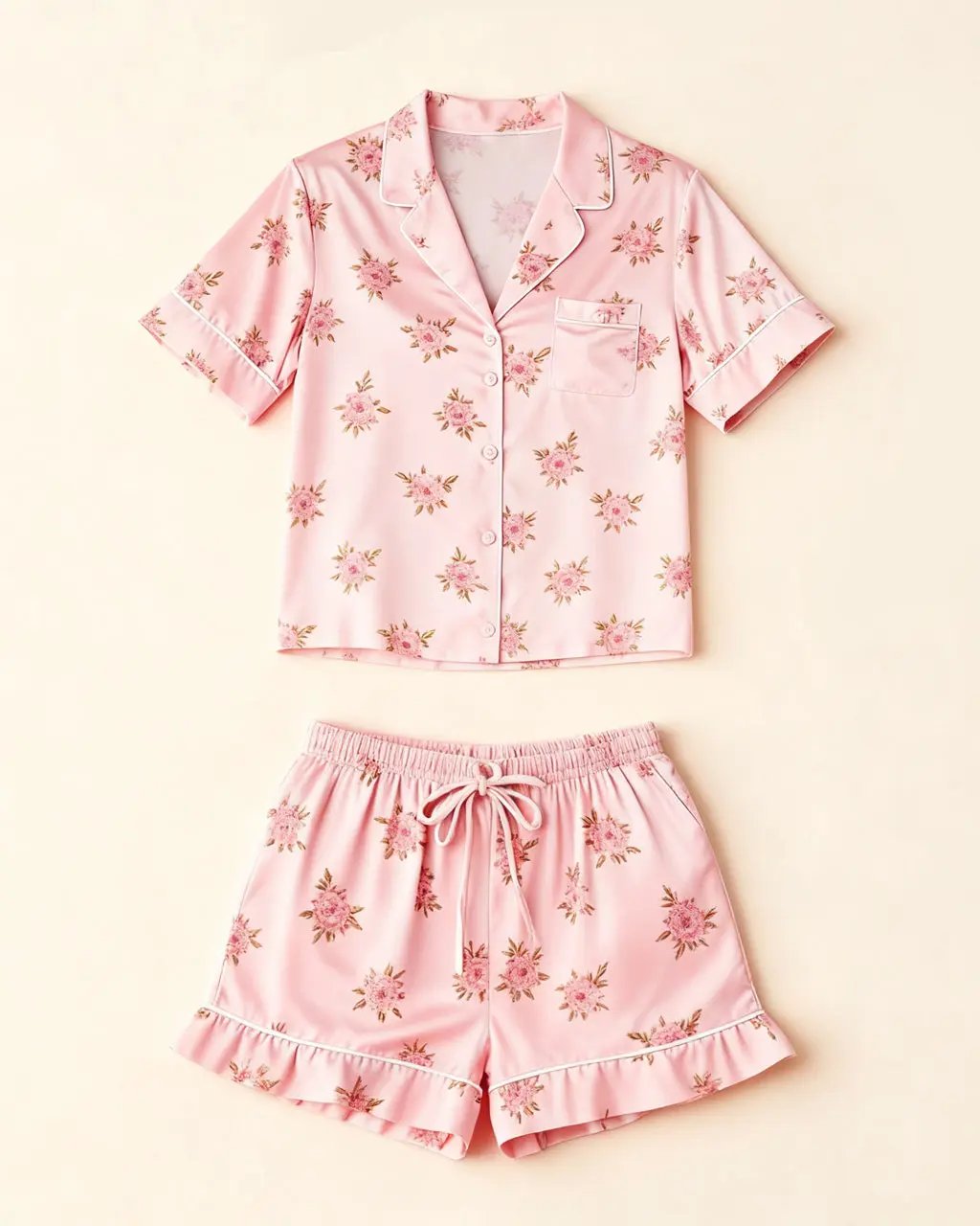 SOLACE CHICPink Floral Print Comfortable Satin Short-Sleeve Pajama Set
