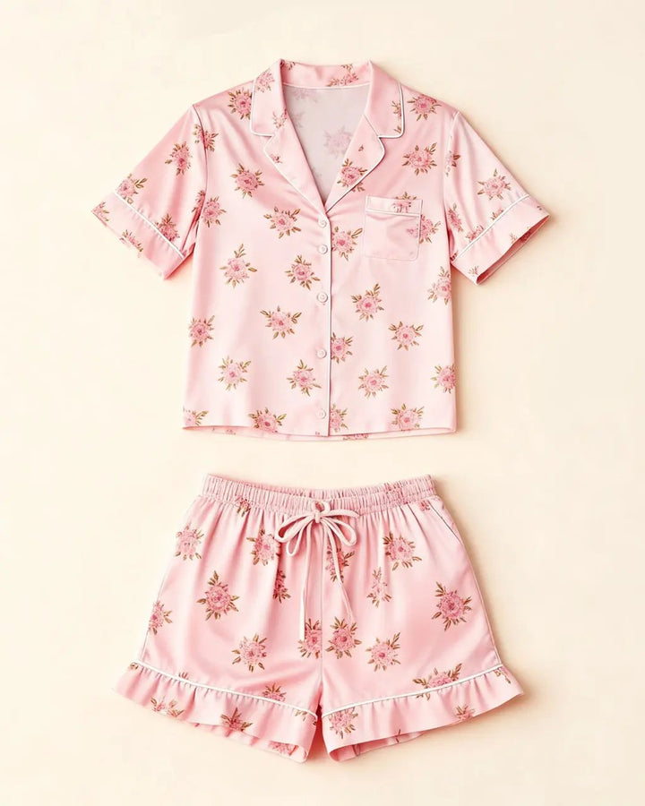 SOLACE CHICPink Floral Print Comfortable Satin Short-Sleeve Pajama Set
