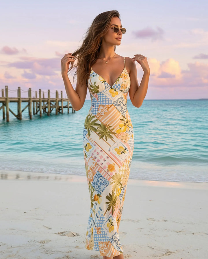 SOLACE  Tropical Patchwork Print Spaghetti Strap Maxi Dress 
