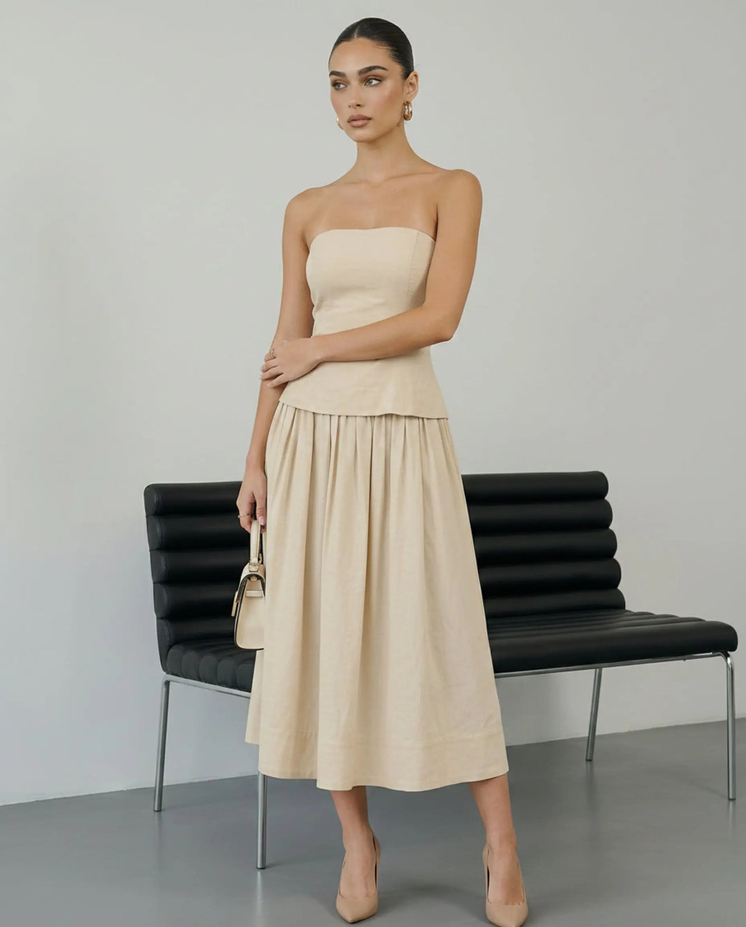 SOLACE  Beige Strapless Peplum Top Midi Skirt Two-Piece Dress 