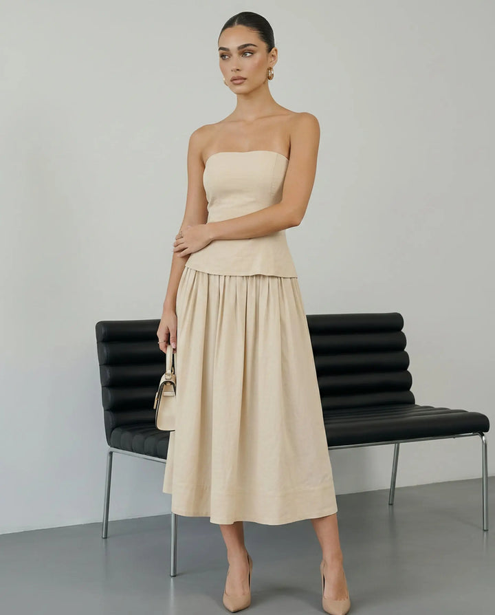 SOLACE  Beige Strapless Peplum Top Midi Skirt Two-Piece Dress 