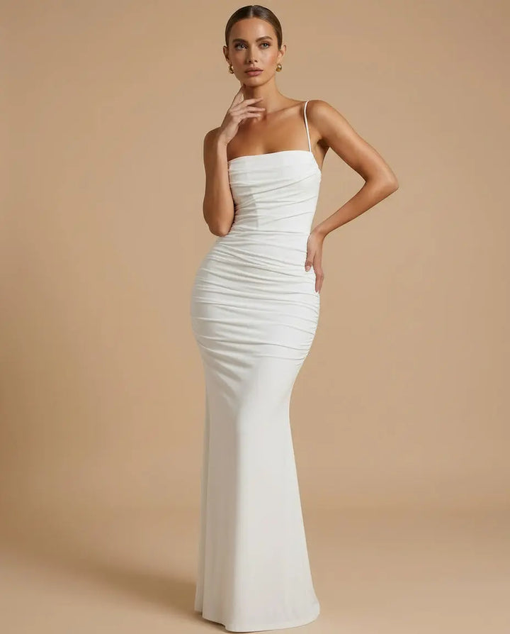 SOLACE  White Spaghetti Strap Ruched Backless Mermaid Maxi Dress 