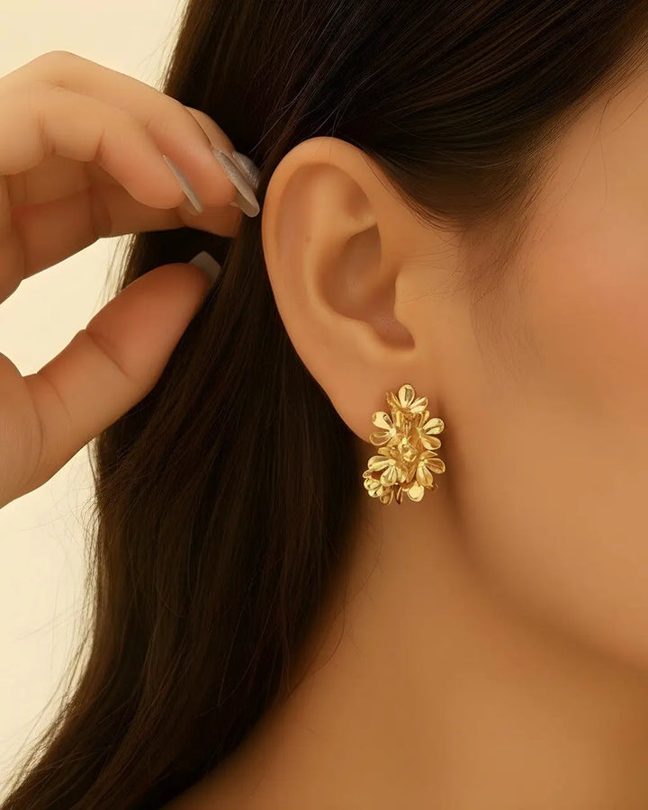 SOLACE  Gold 3D Floral Cluster Statement Stud Earrings 