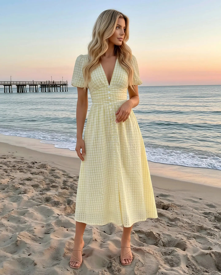 SOLACE  Yellow Gingham Print Puff Sleeve V-Neck Midi Dress 