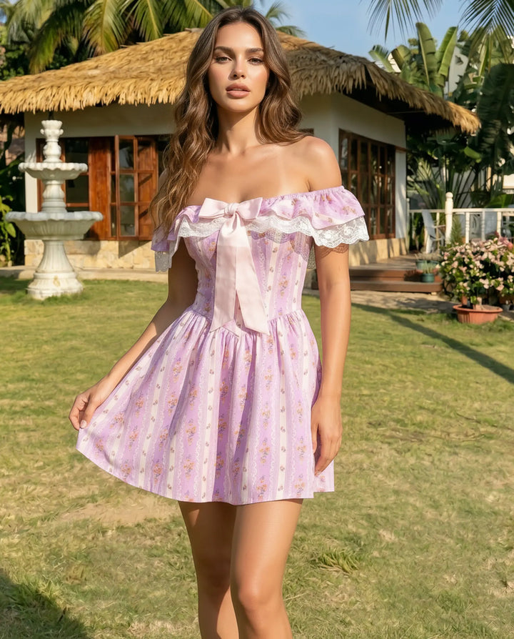 SOLACE  Pink Floral Print Off-Shoulder Lace Trim Bow Detail Mini Dress 