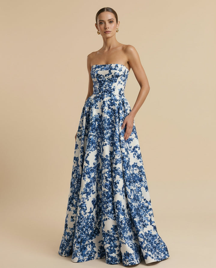SOLACE  White Blue Floral Print Strapless Structured Bodice A-Line Maxi Dress 