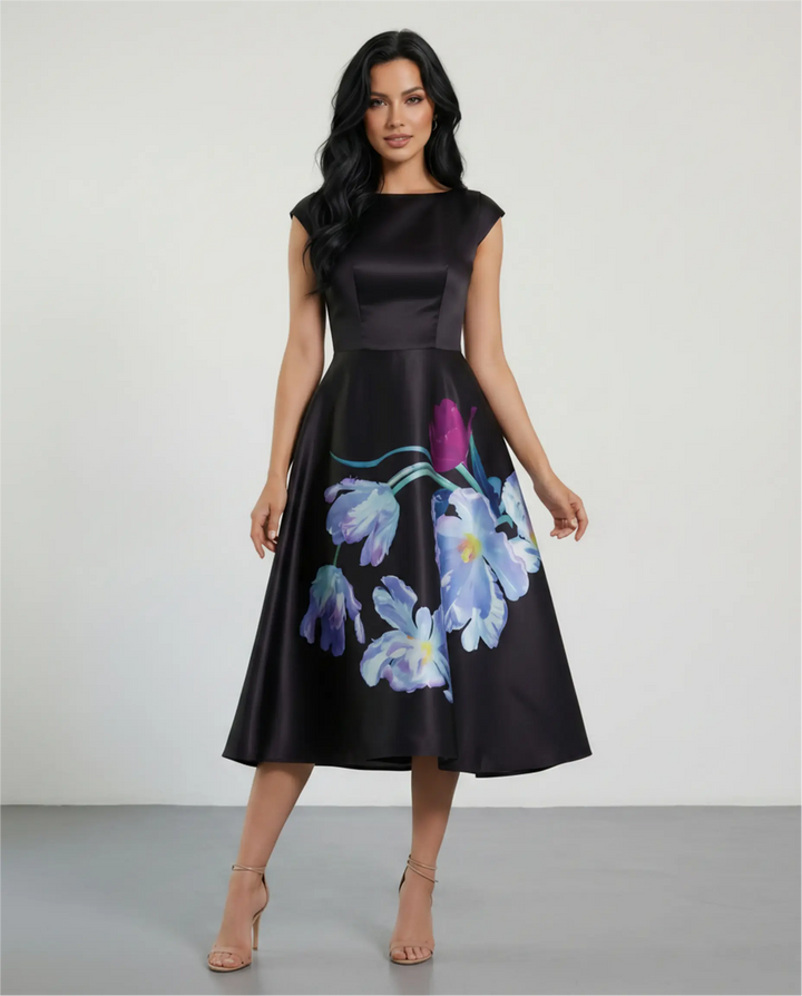 SOLACE  Black Floral Print Cap Sleeve Midi Dress 