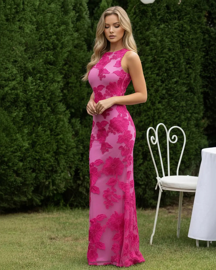 Fuchsia Floral Embroidered Spandex Bodycon Maxi Dress SOLACE