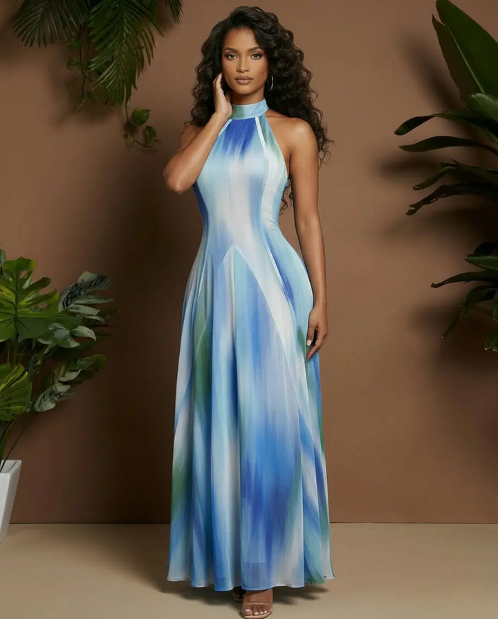 SOLACE  Halter Neck Tie Dye Print Sleeveless Maxi Dress 