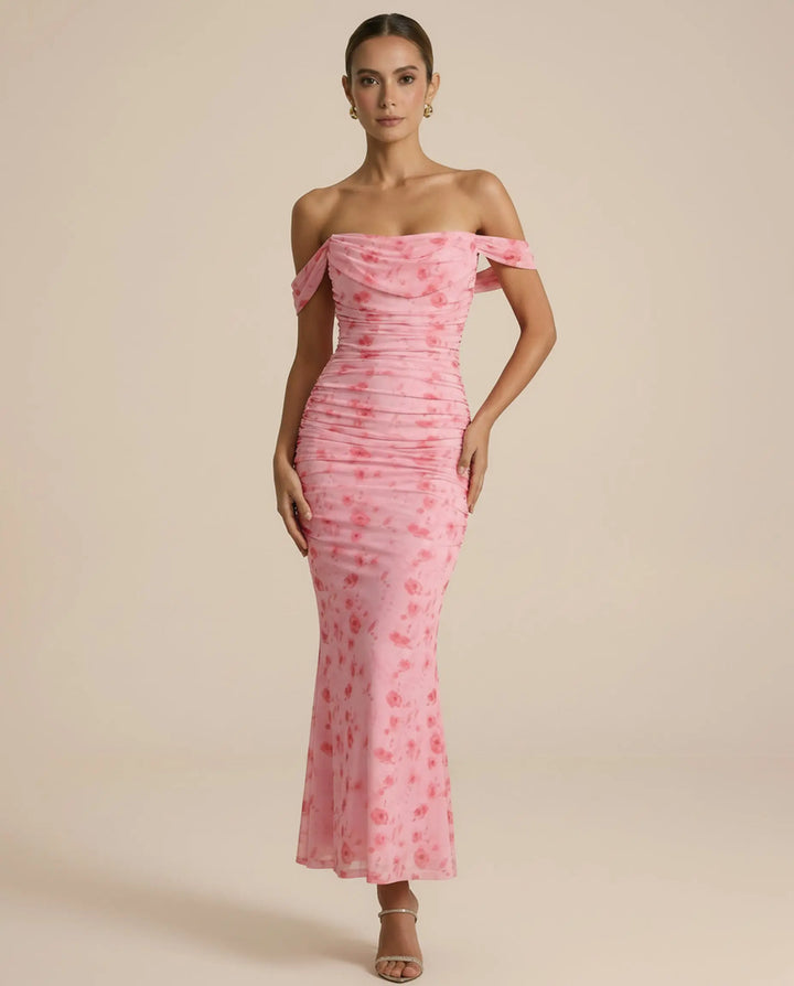 SOLACE  Floral Print Off-Shoulder Ruched Mesh Mermaid Maxi Dress 