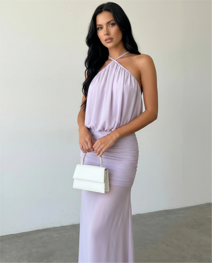 SOLACE  Lavender Flowy Chiffon Slim Fit Maxi Dress 