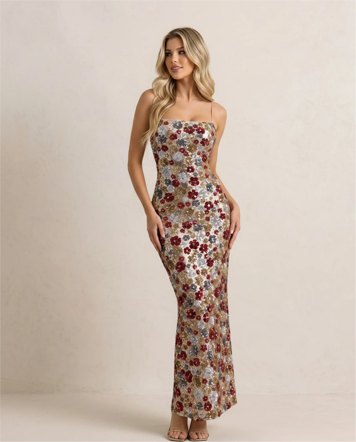 SOLACE  Floral Sequin Embellished Spaghetti Strap High Waist Bodycon Maxi Dress 