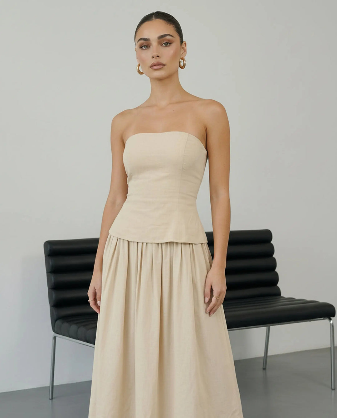 SOLACE  Beige Strapless Peplum Top Midi Skirt Two-Piece Dress 