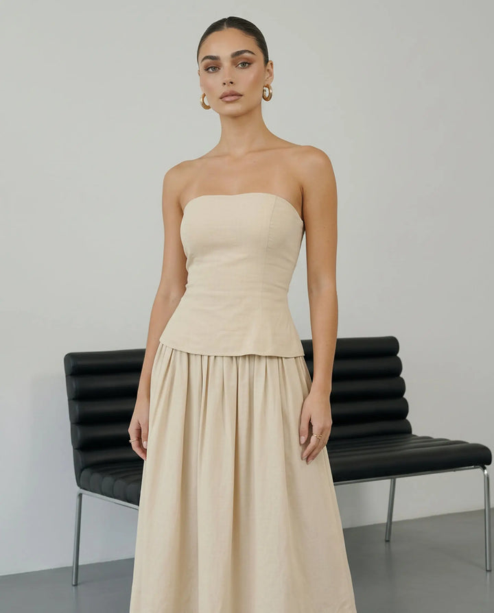 SOLACE  Beige Strapless Peplum Top Midi Skirt Two-Piece Dress 