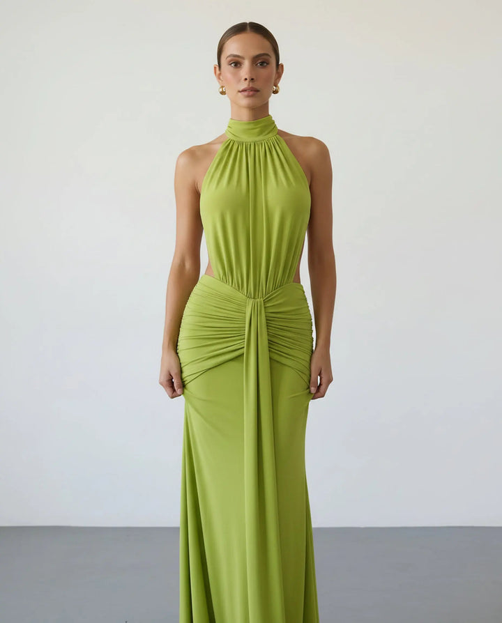 SOLACE  Green Halter Neck Ruched Open Back Maxi Dress 