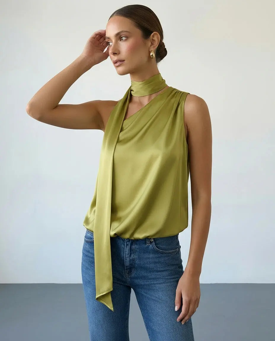 SOLACE  Olive Green Satin Asymmetric Halter Neck Tie Top 