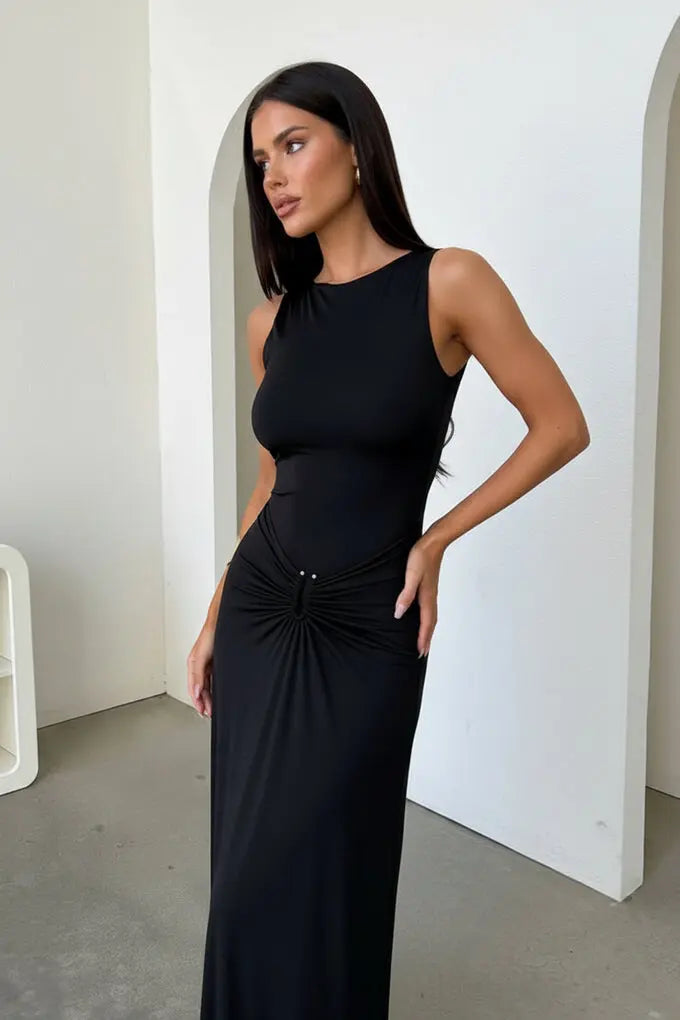 SOLACE  Black Ruched Waist Sleeveless Bodycon Maxi Dress 