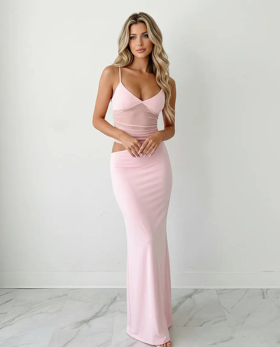 SOLACE  Pink Mesh Ruched Cutout Maxi Slip Dress 