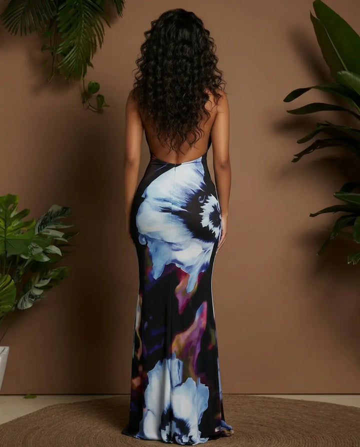SOLACE  Halter Neck Cowl Backless Floral Print Mermaid Maxi Dress 