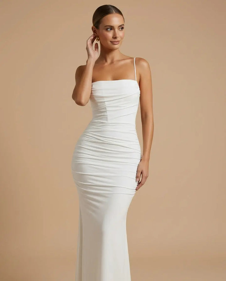 SOLACE  White Spaghetti Strap Ruched Backless Mermaid Maxi Dress 
