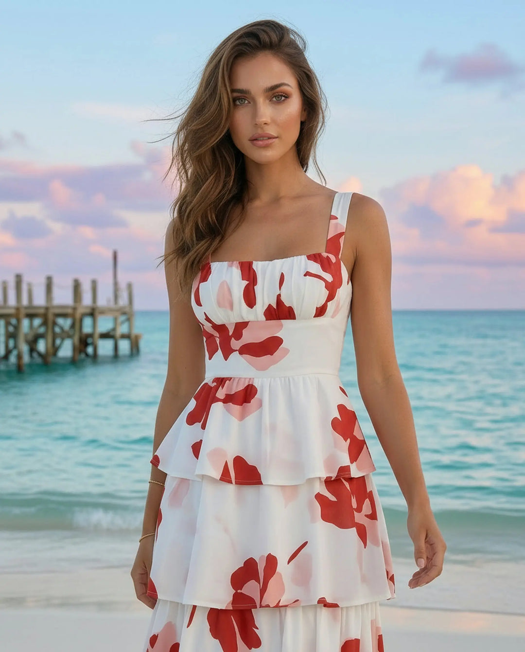 SOLACE  White Red Floral Tiered Ruffle Slim Fit Maxi Dress 