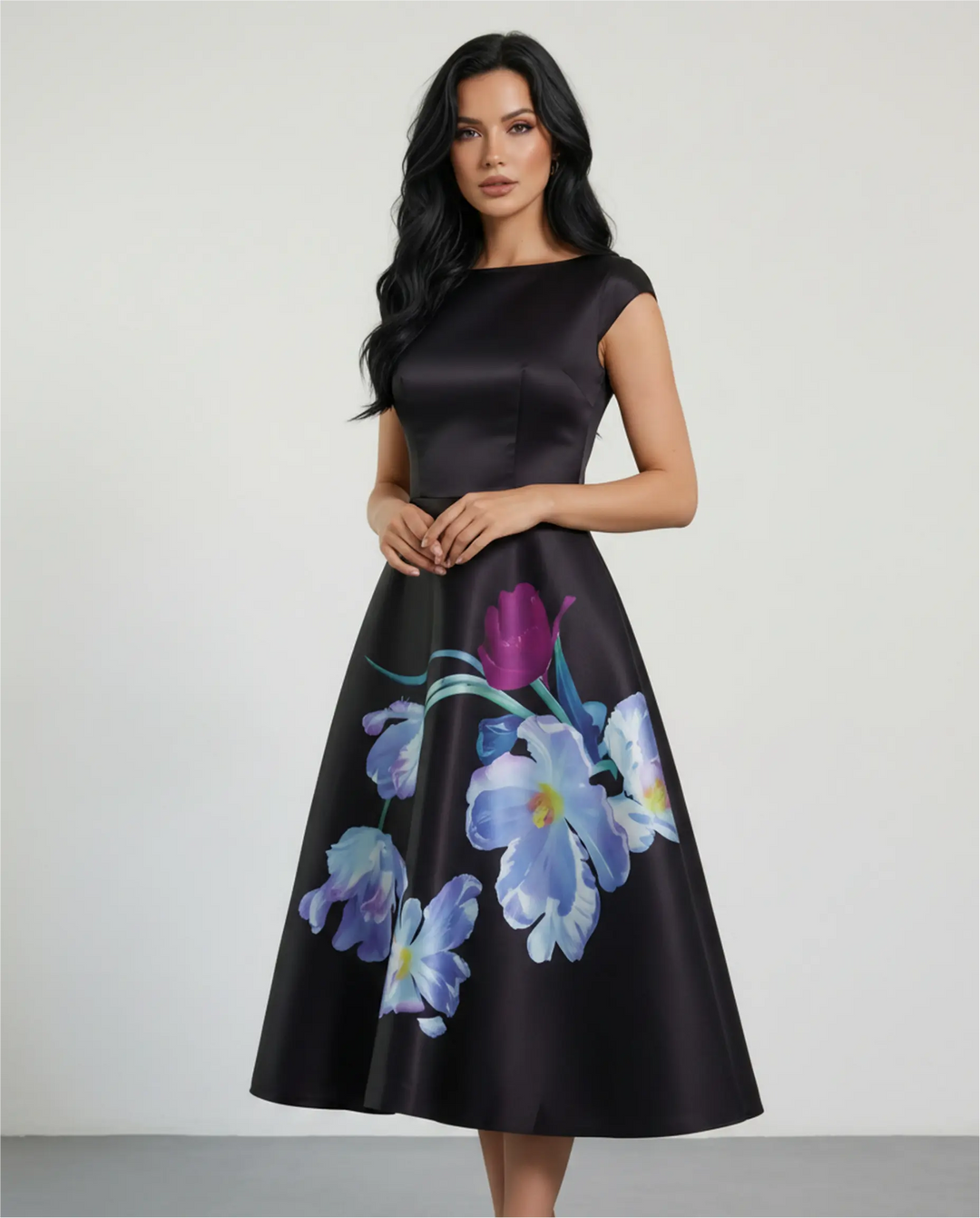 SOLACE  Black Floral Print Cap Sleeve Midi Dress 