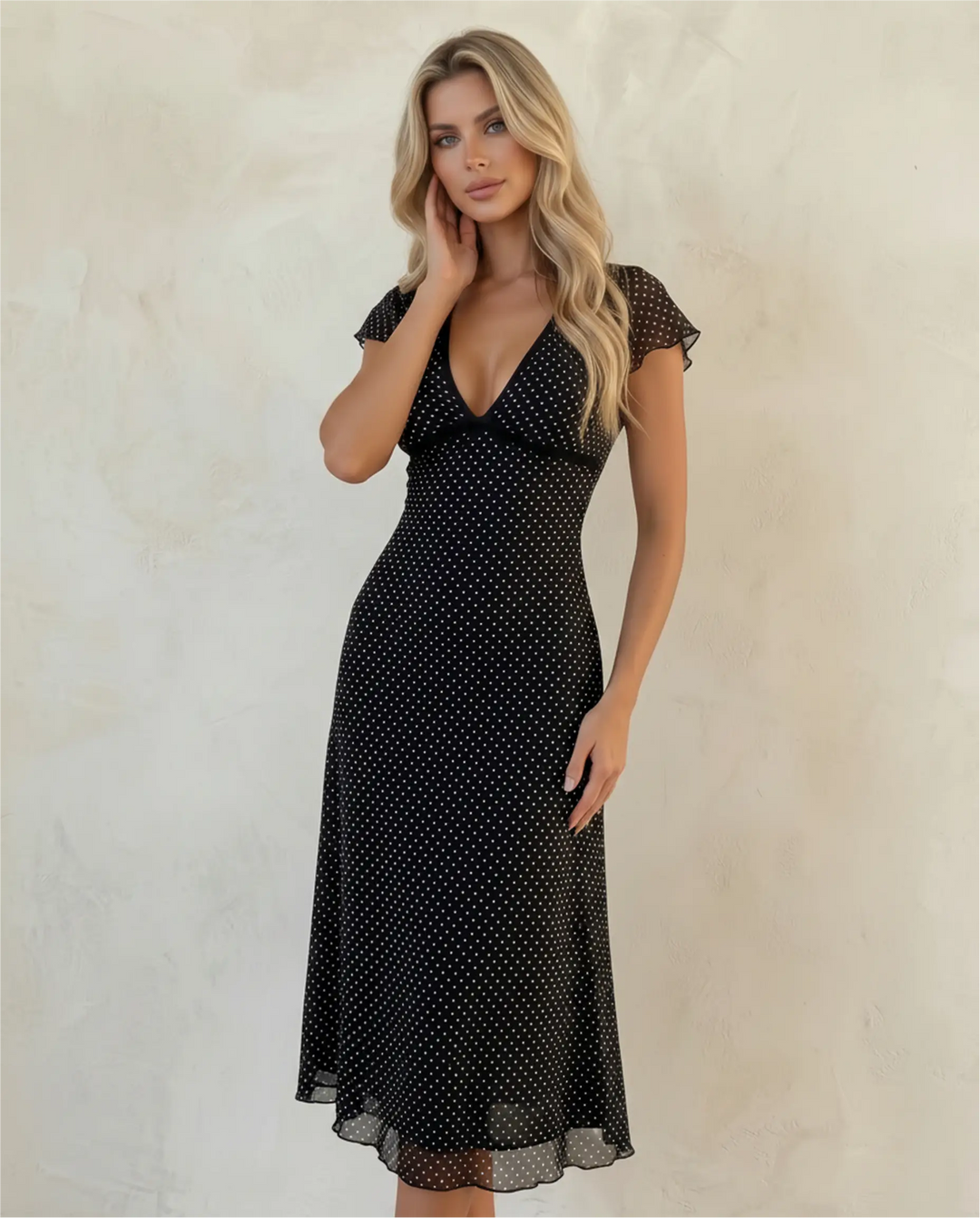 SOLACE  Black Polka Dot Short Sleeve V Neck Midi Dress 