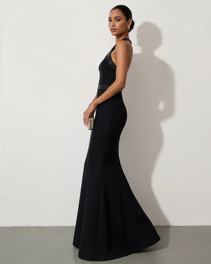 Black Halter Neck Rhinestone Mermaid Dress SOLACE