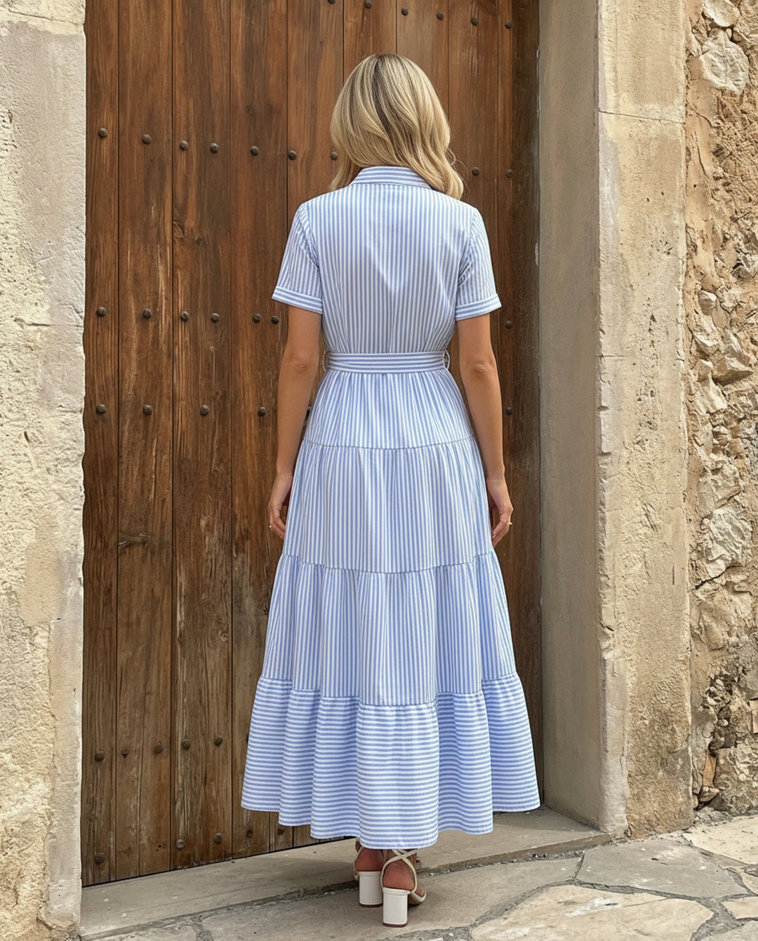 SOLACE  Stripe Collared V-Neck Tiered Belt Maxi Shirt Dress 