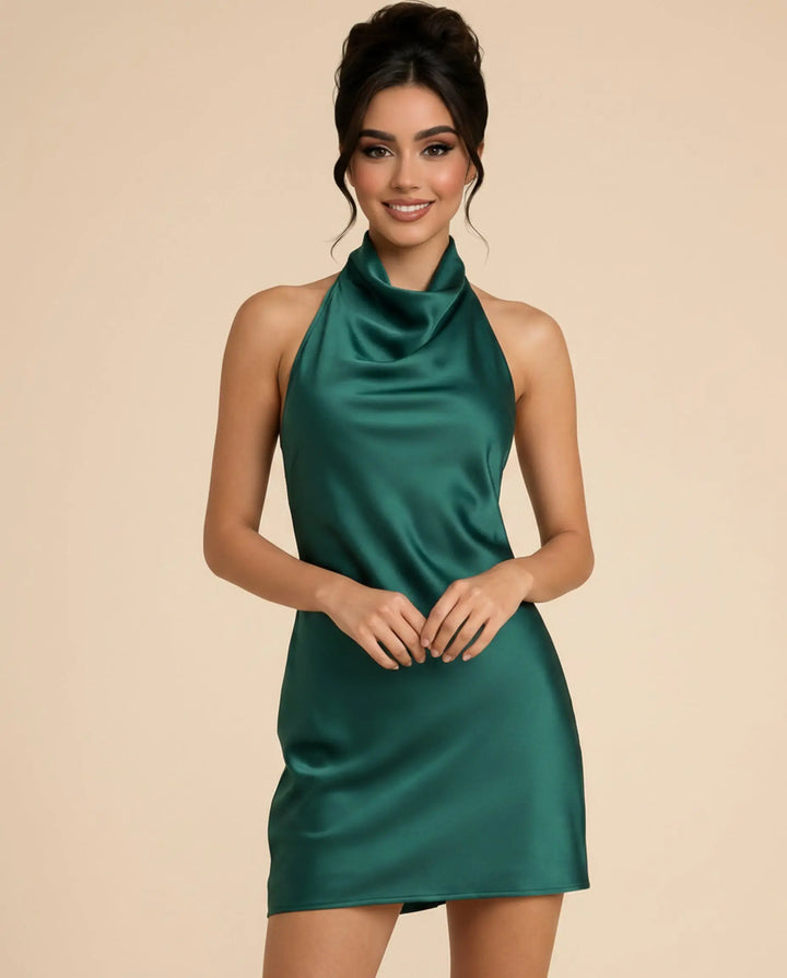 SOLACE  Dark Green Cowl Neck Satin Slim Fit Mini Dress 